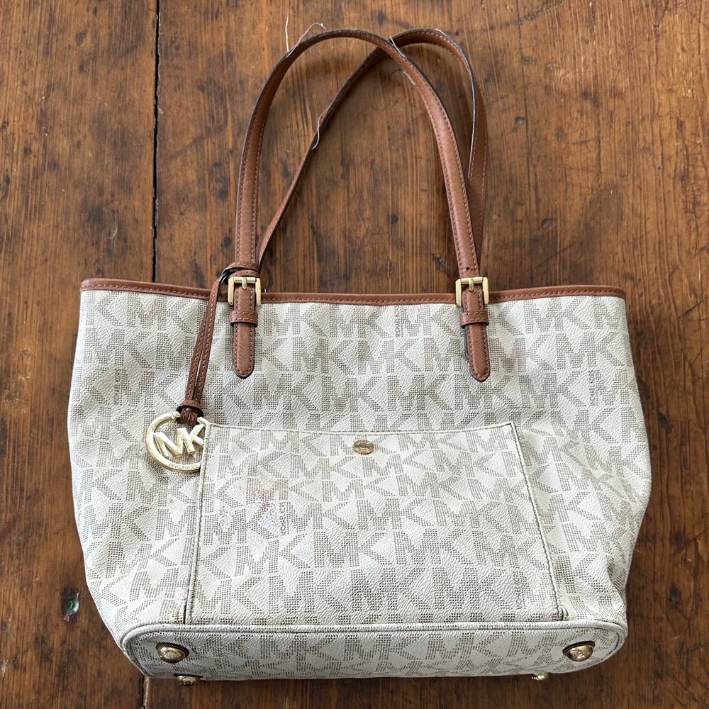 Michael Kors Cream & Brown MK Logo Tote with Gold Charm